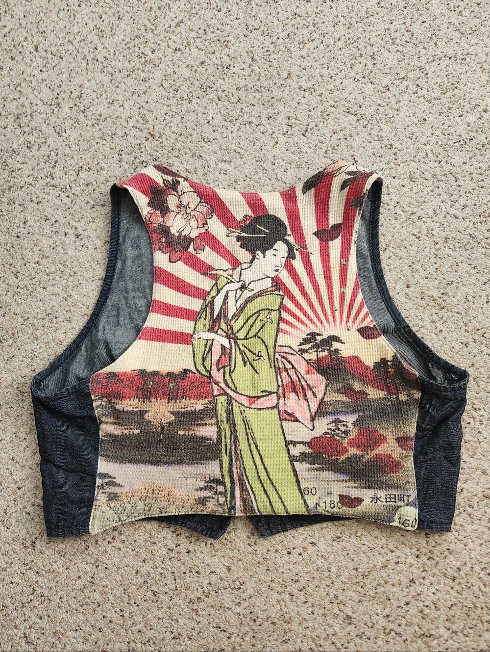 Lucky Cropped Denim Vest with China Graphic / Red and Cream Zebra Print